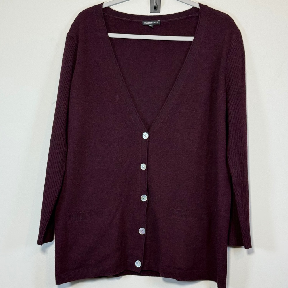 Eileen Fisher Cardigan Womens M Burgundy Lambswool Cashmere V-Neck Rib Layering